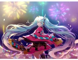 Rule 34 | 1girl, aqua eyes, aqua hair, asagao minoru, black skirt, black thighhighs, blunt bangs, blurry, blurry background, bokeh, commentary, cowboy shot, depth of field, fireworks, folding fan, frilled skirt, frills, from behind, hair ornament, hand fan, hatsune miku, headphones, highres, holding, holding fan, japanese clothes, kimono, lantern, long hair, looking at viewer, looking back, magical mirai (vocaloid), magical mirai miku, magical mirai miku (2020 summer), miniskirt, night, open mouth, pink sleeves, pleated skirt, single thighhigh, skindentation, skirt, smile, solo, standing, thighhighs, twintails, very long hair, vocaloid, wide sleeves
