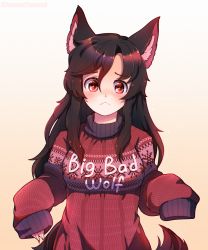 Rule 34 | 1girl, :&lt;, absurdres, alternate costume, animal ear fluff, animal ears, blush, breasts, closed mouth, clothes writing, commentary, dungeon toaster, english commentary, fingernails, furrowed brow, gradient background, highres, imaizumi kagerou, large breasts, long hair, long sleeves, looking at viewer, nail polish, pink background, red nails, sad, sharp fingernails, sidelocks, simple background, sleeves past wrists, snowflake print, solo, standing, sweater, tail, touhou, upper body, wolf ears, wolf tail