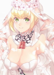 Rule 34 | 1girl, akapug621, bad id, bad pixiv id, bare shoulders, blonde hair, breasts, bridal veil, chain, cleavage, commentary request, detached collar, detached sleeves, fate/grand order, fate (series), flower, green eyes, hair flower, hair ornament, large breasts, leotard, lock, nero claudius (bride) (fate), nero claudius (bride) (third ascension) (fate), nero claudius (fate), nero claudius (fate) (all), petals, short hair, solo, strapless, strapless leotard, upper body, veil, white leotard, white sleeves, zipper, zipper pull tab