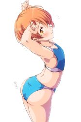 Rule 34 | 1girl, arms up, ass, blush, closed mouth, commentary request, cowboy shot, flat chest, highres, hoshizora rin, looking at viewer, looking to the side, love live!, love live! school idol project, orange eyes, orange hair, sen (sen0910), short hair, simple background, solo, sportswear, standing, translation request, white background
