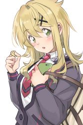 Rule 34 | 1girl, akatsuki kirika, blonde hair, blush, breasts, carrying bag, cellphone, commentary, ear blush, green eyes, hair between eyes, hair ornament, hairclip, head tilt, highres, holding, holding phone, long hair, long sleeves, looking at viewer, medium breasts, necktie, parted lips, phone, playing with own hair, red necktie, runawate56, school uniform, senki zesshou symphogear, smartphone, solo, upper body, x hair ornament