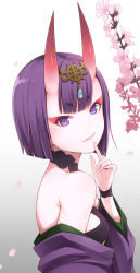 Rule 34 | 1girl, bob cut, breasts, cherry blossoms, fang, fang out, fate/grand order, fate (series), finger to mouth, ha-ru, headpiece, highres, horns, japanese clothes, kimono, looking at viewer, off shoulder, oni, parted lips, petals, pointy ears, purple eyes, purple hair, purple kimono, short hair, shuten douji (fate), skin-covered horns, small breasts, smile, solo, upper body