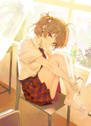 Rule 34 | 1girl, ass, backlighting, bare legs, barefoot, bottle, brown hair, chair, character request, closed mouth, collared shirt, cube hair ornament, curtains, desk, diagonal-striped clothes, diagonal-striped necktie, full body, hair ornament, head tilt, highres, hugging own legs, looking at viewer, nagu, necktie, on chair, one side up, plaid, plaid skirt, pleated skirt, red eyes, red skirt, school chair, school desk, school uniform, shirt, short sleeves, sidelocks, skirt, smile, solo, striped clothes, tenshi wa tansan shika nomanai, transparent, white shirt, window