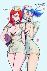 Rule 34 | 2girls, black lips, blue background, blue hair, blush, bra, breasts, choker, cleavage, gloves, hair over one eye, hand on another&#039;s hip, hand on own hip, hat, heart, highres, lace trim, large breasts, latex, latex gloves, looking at another, mask, mask pull, mouth mask, multiple girls, nurse cap, parasoul (skullgirls), ponytail, red eyes, skirt, skullgirls, sunsunsunsun311, surgical mask, underwear, valentine (skullgirls), yuri