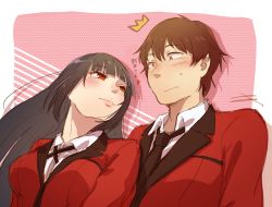 Rule 34 | 1boy, 1girl, arms at sides, black hair, black neckwear, blush, breasts, brown eyes, brown hair, closed mouth, couple, embarrassed, eye contact, formal, friends, hair between eyes, heart, hetero, hime cut, jabami yumeko, kakegurui, large breasts, leaning, leaning on person, lips, long hair, long sleeves, looking at another, looking back, looking down, looking up, loose necktie, neck, necktie, parted lips, pink background, red eyes, red school uniform, red suit, school uniform, short hair, shy, side-by-side, smile, suit, surprised, suzui ryouta, translated, upper body, wavy mouth