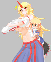 Rule 34 | 2girls, anger vein, arm warmers, black shirt, black skirt, blonde hair, blue skirt, blush, breast envy, grabbing another&#039;s breast, breasts, brown jacket, commentary, feet out of frame, grabbing, grey background, half updo, horns, hoshiguma yuugi, jacket, large breasts, long hair, looking at another, megatama, mizuhashi parsee, multicolored clothes, multicolored jacket, multiple girls, open mouth, pointy ears, red eyes, sash, scarf, shirt, short hair, short sleeves, simple background, single horn, skirt, socks, touhou, underboob, undressing, white legwear, white sash, white scarf, white shirt