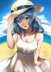 Rule 34 | 1girl, artist name, bare shoulders, beach, blue eyes, blue hair, breasts, cherre, cloud, collarbone, dress, fisheye, hair down, hat, highres, hololive, hoshimachi suisei, long hair, looking at viewer, medium breasts, no bra, open mouth, sky, smile, solo, sun hat, sundress, virtual youtuber
