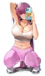 Rule 34 | 1girl, bare arms, bare shoulders, blouse, blush, breasts, cameltoe, cellphone, cleavage, commentary, damda, fate/grand order, fate (series), full body, large breasts, long hair, navel, nike (company), pants, parted lips, phone, pink pants, purple eyes, purple hair, scathach (fate), shirt, shoes, sleeveless, smartphone, smile, sneakers, solo, symbol-only commentary, white footwear, white shirt