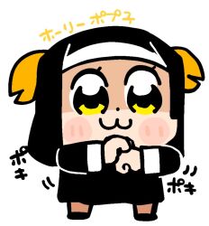 1girl :3 bkub black_dress black_footwear blush_stickers chibi chibi_only clenched_hands closed_mouth coif dot_nose dress habit long_dress looking_at_viewer nun official_art orange_hair own_hands_together poptepipic popuko shaded_face shoes simple_background solo traditional_nun translation_request two_side_up white_background wimple yellow_eyes