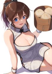 Rule 34 | 1girl, arm support, bamboo steamer, baozi, black bow, blue eyes, blush, bow, breasts, brown hair, china dress, chinese clothes, cleavage, cleavage cutout, clothing cutout, dress, food, hair between eyes, hair bow, hand up, holding, idolmaster, idolmaster million live!, idolmaster million live! theater days, kamille (vcx68), large breasts, looking at viewer, open mouth, ponytail, satake minako, simple background, sitting, sleeveless, sleeveless dress, smile, solo, white background, white dress, wrist cuffs