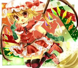 Rule 34 | 1girl, bad id, bad pixiv id, blonde hair, embodiment of scarlet devil, female focus, flandre scarlet, gloves, hat, kusumare azusa, ponytail, red eyes, rito (azusa), short hair, side ponytail, solo, striped clothes, striped thighhighs, thighhighs, touhou, wings