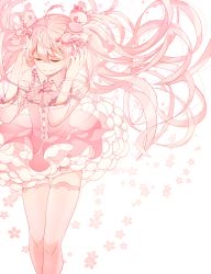 Rule 34 | 1girl, bad id, bad pixiv id, bow, closed eyes, detached sleeves, floating hair, hair bow, hatsune miku, highres, kurono kito, long hair, pink hair, pink theme, sakura miku, simple background, skirt, smile, solo, thighhighs, twintails, very long hair, vocaloid, white background
