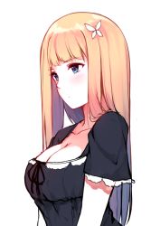 Rule 34 | 1girl, black dress, blonde hair, blue eyes, blunt bangs, breasts, butterfly hair ornament, caidychen, cleavage, dress, from side, hair ornament, large breasts, long hair, medium breasts, simple background, solo, upper body, white background