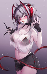 Rule 34 | absurdres, alternate costume, antenna hair, arknights, bare arms, bare shoulders, bikini, black bikini, black choker, black gloves, black hair, black shorts, breasts, choker, cleavage, collarbone, cowboy shot, crop top, demon girl, demon horns, demon tail, detonator, fingerless gloves, gloves, gradient background, gradient hair, grey background, grey hair, heart, heart-shaped pupils, highres, holding, horns, large breasts, long hair, looking at viewer, multicolored hair, navel, open fly, open mouth, orange eyes, qinshi-ji, red hair, see-through, shirt, short shorts, shorts, stomach, sweat, swimsuit, symbol-shaped pupils, tail, tank top, tongue, tongue out, w (arknights), wet, wet clothes, wet shirt, white shirt