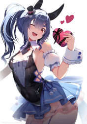 Rule 34 | 1girl, black dress, black hair, blue skirt, breasts, brown eyes, chocolate, commentary request, detached collar, dress, food, garter straps, hat, heart, highres, holding, holding chocolate, holding food, hololive, horns, long hair, migumigu, one eye closed, open mouth, pleated skirt, side ponytail, simple background, skirt, small breasts, smile, solo, standing, top hat, usada pekora, usada pekora (furi furi bunny dress), valentine, virtual youtuber, white background, wrist cuffs