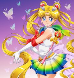 Rule 34 | 1girl, absurdly long hair, bishoujo senshi sailor moon, blonde hair, blue eyes, bow, bowtie, brooch, bug, butterfly, cowboy shot, crescent, crescent earrings, double bun, earrings, elbow gloves, floating hair, gloves, gold trim, gradient background, hair bun, heart, heart brooch, highres, holding, holding stick, insect, jewelry, long hair, looking at viewer, miniskirt, moon-realm, parted bangs, pleated skirt, purple background, red bow, red bowtie, retro artstyle, sailor collar, sailor moon, sailor senshi uniform, see-through, shirt, skirt, sleeveless, sleeveless shirt, solo, stick, super sailor moon, twintails, very long hair, white gloves, white shirt