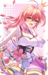 Rule 34 | 1girl, ahoge, bell, blush, border, bow, bowtie, breasts, cherry blossoms, cleavage, commentary request, crown, detached collar, dress, fang, gloves, green eyes, hair bell, hair between eyes, hair ornament, hairclip, highres, hololive, lims (neko2lims), long hair, looking at viewer, medium breasts, mini crown, official alternate costume, one side up, open mouth, petals, pink bow, pink hair, sakura miko, sidelocks, skin fang, sleeveless, sleeveless dress, solo, virtual youtuber, white dress, white gloves