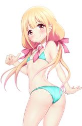 Rule 34 | 1girl, ass, bare arms, bare shoulders, bikini, blonde hair, blue bikini, bow, brown eyes, closed mouth, collar, commentary request, cowboy shot, detached collar, flat chest, futaba anzu, hair bow, highres, idolmaster, idolmaster cinderella girls, long hair, looking at viewer, looking back, low twintails, necktie, pink bow, pink necktie, sidelocks, simple background, smile, solo, swimsuit, taka (takahirokun), twintails, twisted torso, very long hair, white background, white collar, wing collar
