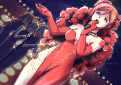 Rule 34 | 4girls, bare arms, black dress, breasts, brown hair, cleavage, closed eyes, dress, dutch angle, elbow gloves, freyja wion, gem, gloves, green hair, hair between eyes, hair ornament, heart, heart hair ornament, holding, holding microphone, kaname buccaneer, long dress, macross, macross delta, makina nakajima, medium breasts, microphone, microphone stand, moko pbw, multiple girls, music, no panties, one side up, open mouth, pink hair, purple eyes, red dress, red gemstone, red gloves, reina prowler, short hair, side slit, singing, sleeveless, sleeveless dress, solo focus, sparkle, strapless, strapless dress, thighlet, twitter username