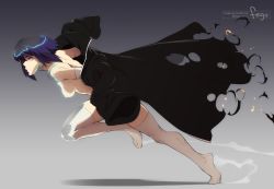 Rule 34 | 1girl, black background, black jacket, breasts, camouflage, feguimel, ghost in the shell, gradient background, grey background, invisible, jacket, kusanagi motoko, off shoulder, purple hair, running, short hair, solo, standing, standing on one leg, thighhighs, thighs, tumblr username, undressing, white thighhighs