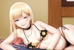 Rule 34 | 1girl, bare shoulders, bead bracelet, beads, bikini, black bikini, blonde hair, bracelet, breasts, choker, ear piercing, floral print, gradient hair, half-closed eyes, highres, indoors, jewelry, kitagawa marin, large breasts, long hair, looking at viewer, looking to the side, lying, multicolored hair, navel, necklace, on side, open mouth, parted bangs, piercing, pink hair, red eyes, skindentation, smile, smug, solo, sono bisque doll wa koi wo suru, string bikini, swimsuit, thighs, tsukumo momo, underboob