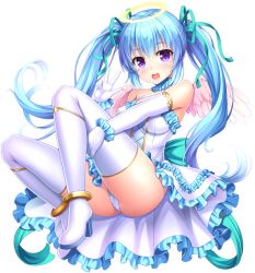 Rule 34 | 1girl, :d, angel wings, anklet, aqua bow, aqua ribbon, armpits, ass, awakening (sennen sensou aigis), bare shoulders, blue hair, blush, boots, bow, cameltoe, criss-cross halter, cross-laced clothes, dress, elbow gloves, frilled dress, frills, from side, full body, gloves, hair between eyes, hair ribbon, halo, halterneck, happy, high heel boots, high heels, hugging own legs, impossible clothes, impossible dress, jewelry, knees up, lambda (kusowarota), long hair, looking at viewer, mini wings, miruno (sennen sensou aigis), open mouth, outstretched arm, panties, pantyshot, purple eyes, ribbon, sennen sensou aigis, simple background, sitting, smile, solo, thigh boots, thighhighs, thighs, twintails, underwear, v, very long hair, white background, white dress, white footwear, white gloves, white panties, white thighhighs, wings