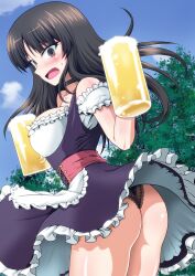 Rule 34 | 1girl, alcohol, apron, ass, beer, beer mug, black choker, black dress, black eyes, black hair, black panties, blue sky, blunt bangs, blush, choker, clothes lift, cloud, commentary request, commission, cowboy shot, cup, day, dirndl, dress, dress lift, embarrassed, frilled apron, frilled dress, frills, from behind, frown, german clothes, girls und panzer, highres, holding, holding cup, kamishima kanon, lace, lace-trimmed panties, lace trim, leaning forward, long hair, looking at viewer, looking back, mature female, mug, nishizumi shiho, open mouth, outdoors, panties, pantyshot, partial commentary, short sleeves, skeb commission, sky, solo, standing, straight hair, sweatdrop, tree, underwear, waist apron, white apron, wind, wind lift