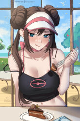 Rule 34 | 1girl, alternate costume, armpit crease, bare shoulders, bellsprout, black camisole, blue eyes, breasts, brown hair, cafe, cake, cake slice, camisole, choker, cleavage, creatures (company), double bun, food, fork, froakie, game freak, gen 1 pokemon, gen 3 pokemon, gen 6 pokemon, hair between eyes, hair bun, highres, holding, holding fork, large breasts, licking lips, long hair, midriff, navel, nintendo, patreon username, pink choker, poke ball print, pokemon, pokemon (creature), pokemon bw2, pov across table, rosa (pokemon), round table, ryuuneart, solo, strap slip, table, tongue, tongue out, twintails, visor cap, wingull