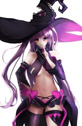 Rule 34 | 1girl, aisha landar, alternate breast size, asymmetrical legwear, bad id, bad pixiv id, black hat, black sleeves, black thighhighs, bow, breasts, cleavage, closed mouth, collarbone, cowboy shot, detached sleeves, elsword, finger to mouth, floating hair, hair between eyes, hand on own hip, hat, highres, index finger raised, large breasts, long hair, long sleeves, looking at viewer, mayo030, oz sorcerer (elsword), pink bow, purple eyes, purple hair, purple sleeves, shushing, side ponytail, simple background, smile, solo, standing, thighhighs, uneven legwear, very long hair, white background, witch hat