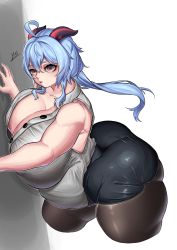 Rule 34 | 1girl, areola slip, ass, bare shoulders, big belly, blue hair, breasts, cleavage, collared shirt, fat, fat rolls, ganyu (genshin impact), genshin impact, goat horns, grey shirt, highres, horns, huge ass, huge breasts, impossible clothes, impossible skirt, long hair, looking at viewer, mint2134, office lady, pantyhose, partially unbuttoned, pencil skirt, plump, purple eyes, shirt, simple background, skirt, sleeveless, sleeveless shirt, solo, thick thighs, thighs, yeowasae