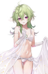 Rule 34 | 1girl, ahoge, alternate costume, arm strap, bare shoulders, bra, breasts, bridal lingerie, carrot room, collei (genshin impact), cowboy shot, crossed bangs, elbow gloves, flower, frilled bra, frills, genshin impact, gloves, green hair, hair between eyes, hair flower, hair ornament, hand up, highres, holding, lingerie, long hair, looking at viewer, navel, panties, parted lips, purple eyes, see-through, sidelocks, simple background, small breasts, solo, star (symbol), star print, stomach, thigh gap, thighs, underwear, white background, white bra, white flower, white gloves, white panties