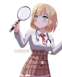 1girl absurdres blonde_hair blue_eyes bob_cut collared_shirt craftluxhk hair_ornament highres holding holding_magnifying_glass hololive hololive_english long_sleeves magnifying_glass necktie plaid_clothes plaid_skirt red_necktie shirt short_hair skirt smile solo virtual_youtuber watson_amelia watson_amelia_(1st_costume) white_background white_shirt