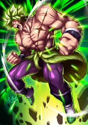 Rule 34 | 1boy, abs, aura, blank eyes, broly (dragon ball super), clenched teeth, dragon ball, dragon ball super, dragon ball super broly, green hair, highres, male focus, muscular, muscular male, open mouth, pants, pectorals, purple pants, red eyes, ryuusei (mark ii), scar, scar on chest, signature, solo, spiked hair, super saiyan, teeth, topless male, waist cape, wide-eyed