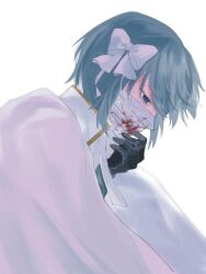 Rule 34 | 1girl, 6217 54 5, bandaged head, bandages, black gloves, blood, bloody bandages, blue eyes, blue hair, bow, cape, collared cape, covered mouth, gloves, hair bow, highres, looking down, mahou shoujo madoka magica, mahou shoujo madoka magica: walpurgis no kaiten, miki sayaka, profile, short hair, simple background, solo, sweat, white background, white bow, white cape