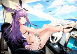 Rule 34 | 1girl, :d, absurdres, animal, animal ears, animal on head, arknights, bare arms, bare legs, bare shoulders, barefoot, bikini, bikini skirt, bird, black bow, blue sky, bow, breasts, chinese commentary, cloud, commentary request, day, hair bow, highres, large breasts, long hair, looking at viewer, miniskirt, official alternate costume, on head, open mouth, purple eyes, purple hair, rabbit, rabbit ears, rope (arknights), rope (summer flowers) (arknights), sitting, skirt, sky, smile, solo, stomach, swimsuit, thighs, white skirt, zhuangfei chali bulangni
