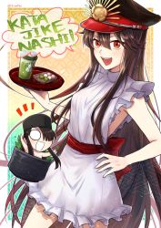Rule 34 | 1girl, alternate costume, apron, black hair, blush, breasts, cape, coffee cup, cup, dango, disposable cup, fate/grand order, fate (series), food, hat, highres, holding, holding tray, long hair, looking at viewer, military hat, naked apron, oda nobunaga (fate), open mouth, red cape, sanshoku dango, short hair, teramoto kei, tray, wagashi
