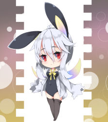 Rule 34 | 1girl, :&lt;, animal ears, black leotard, black thighhighs, blush, bow, bowtie, breasts, chibi, closed mouth, collared shirt, commentary request, covered navel, dress shirt, gradient wings, grey shirt, hair between eyes, leotard, long hair, long sleeves, looking at viewer, medium breasts, milkpanda, multicolored wings, no shoes, open clothes, open shirt, original, rabbit ears, rabbit girl, rabbit tail, red eyes, shirt, silver hair, sleeves past fingers, sleeves past wrists, solo, standing, strapless, strapless leotard, tail, thighhighs, wings, yellow bow, yellow bowtie