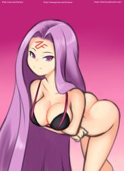 Rule 34 | 1girl, ass, bent over, black bra, bottomless, bra, breasts, cleavage, collarbone, crossed arms, drantyno, facial mark, fate/grand order, fate (series), forehead mark, highres, large breasts, long hair, looking at viewer, medusa (fate), medusa (rider) (fate), pink background, purple eyes, purple hair, smile, standing, underwear