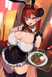 1girl animal_ears azur_lane bare_shoulders black_horns black_skirt black_thighhighs blush bow bowtie breasts cleavage collarbone cup curled_horns detached_collar fake_animal_ears fang food high-waist_skirt highres hindenburg_(azur_lane) horns large_breasts long_hair looking_at_viewer magister miniskirt open_mouth plate pointy_ears purple_eyes rabbit_ears red_hair skin_fang skirt smile solo thighhighs thighs tray