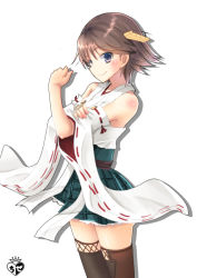 Rule 34 | 10s, 1girl, blue eyes, brown hair, chize, detached sleeves, hairband, hand on own arm, hiei (kancolle), japanese clothes, kantai collection, looking at viewer, nontraditional miko, plaid, plaid skirt, short hair, skirt, smile, solo, thighhighs, watermark, white background, wide sleeves