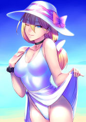 Rule 34 | 1girl, black choker, blonde hair, blue eyes, blue sky, bow, breasts, choker, cleavage, clothes lift, cowboy shot, day, gradient background, hai (h81908190), hair bow, hat, highleg, highleg swimsuit, lifting own clothes, long hair, looking at viewer, medium breasts, one-piece swimsuit, one eye closed, original, sarong, sarong lift, scrunchie, sky, solo, sun hat, swimsuit, white bow, white one-piece swimsuit, wrist scrunchie