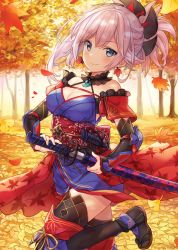 Rule 34 | 1girl, autumn leaves, bare shoulders, black thighhighs, blue eyes, blue kimono, blush, closed mouth, commentary request, day, detached sleeves, earrings, fate/grand order, fate (series), hair between eyes, hair ornament, hitsukuya, holding, holding sheath, holding sword, holding weapon, japanese clothes, jewelry, katana, kimono, leaf earrings, leaf print, long hair, long sleeves, maple leaf print, miyamoto musashi (fate), miyamoto musashi (second ascension) (fate), obi, outdoors, pink hair, ponytail, sandals, sash, sheath, sleeveless, sleeveless kimono, sleeves past wrists, smile, solo, standing, standing on one leg, sword, thighhighs, tree, unsheathing, weapon