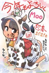 Rule 34 | 1girl, 2021, all fours, animal ears, animal print, artist name, ass, bell, black eyes, black hair, body writing, chinese zodiac, commentary request, cow ears, cow girl, cow horns, cow print, cow tail, cowbell, drawing on another&#039;s face, ears through headwear, eyes visible through hair, horns, horns through headwear, lee (colt), looking at viewer, mouse (animal), neck bell, nengajou, new year, open mouth, original, solo, speech bubble, tail, translation request, year of the ox, year of the rat