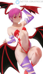 Rule 34 | 1girl, arm up, atric18, bare shoulders, breasts, closed mouth, collarbone, commentary, demon girl, detached sleeves, fur-trimmed sleeves, fur trim, head wings, highres, knee up, leotard, lilith aensland, looking at viewer, navel, pantyhose, pink hair, purple pantyhose, red eyes, red footwear, red leotard, short hair, simple background, skindentation, small breasts, solo, thighs, torn clothes, torn leotard, torn pantyhose, torn sleeves, twitter logo, twitter username, vampire (game), watermark, web address, white background, wings