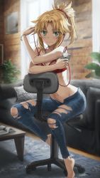 Rule 34 | 1girl, absurdres, artist request, barefoot, blonde hair, bra, denim, fate (series), gluteal fold, green eyes, headphones, highres, holding, indoors, jeans, looking at viewer, mordred (fate), navel, open pants, pants, phone, ponytail, sitting, smile, solo, tight clothes, tight pants, tonee, torn clothes, underwear