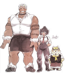 Rule 34 | 1girl, 2boys, animal ears, bare shoulders, black hair, blush, body fur, breasts, butler, character request, chest hair, dog boy, dog ears, facial hair, full body, fuyodo, giant, giant male, goatee, gomeisa (live a hero), grey hair, head on chest, height difference, high-waist pants, highres, live a hero, long sideburns, male focus, multiple boys, muscular, muscular male, necktie, pants, pectorals, pelvic curtain, short hair, sideburns, size difference, sketch, sleeveless, tattoo, tribal tattoo, upper body