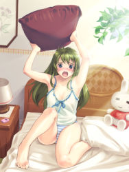 Rule 34 | 1girl, :3, = =, armpits, arms up, barefoot, bed, blue eyes, blush, breasts, camisole, cellphone, cleavage, embarrassed, feet, green hair, houseplant, lamp, legs, lingerie, long hair, medium breasts, niku, nikuoji, open mouth, original, panties, phone, pillow, plant, potted plant, solo, striped clothes, striped panties, stuffed animal, stuffed rabbit, stuffed toy, sunlight, underwear