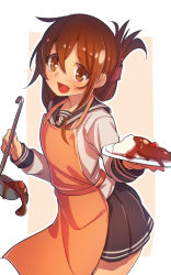 Rule 34 | 10s, 1girl, apron, brown eyes, brown hair, curry, curry rice, folded ponytail, food, half updo, highres, inazuma (kancolle), kantai collection, ladle, looking at viewer, open mouth, rice, shiba nanasei, solo, spilling