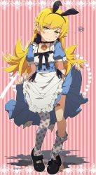 Rule 34 | 1girl, alice (alice in wonderland), alice (alice in wonderland) (cosplay), animal ears, bandaid, blonde hair, blush stickers, choker, clothes lift, cosplay, dress, dress lift, fang, fang out, floral print, highres, lifted by self, long hair, looking at viewer, mary janes, monogatari (series), ogipote, oshino shinobu, rabbit ears, shoes, single shoe, solo, thighhighs, yellow eyes