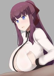 Rule 34 | 1boy, 1girl, blue eyes, blunt bangs, blush, bow, breasts, breasts squeezed together, brown hair, cleavage, collared shirt, cum, cum on body, cum on breasts, cum on upper body, dress shirt, grey background, hair bow, hetero, highres, huge breasts, long hair, long sleeves, nao (ritsancrossover), new game!, open clothes, open mouth, paizuri, paizuri under clothes, ponytail, red bow, shirt, sidelocks, simple background, solo focus, takimoto hifumi, white shirt